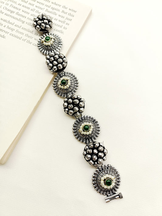 Bageshri Green Oxidized Silver Bracelet