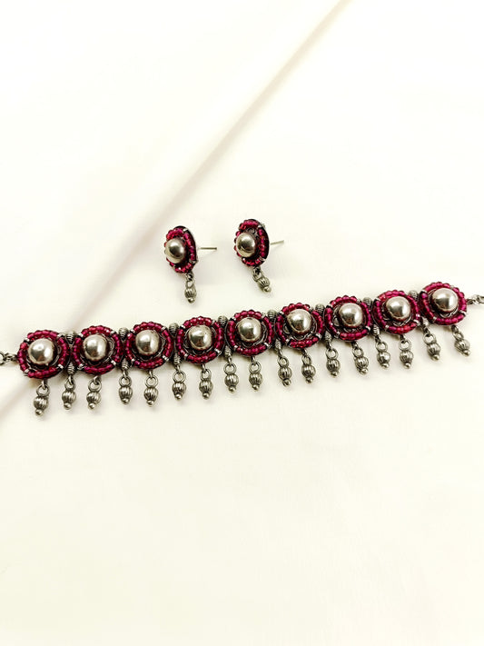 Adrika Ruby Oxidized Choker Set