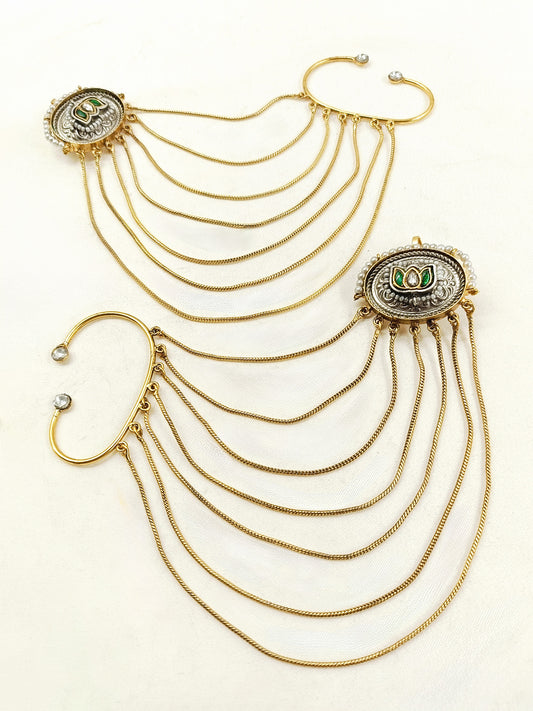 Rashida Green Lotus Dual Tone Ear Chain with Cuff