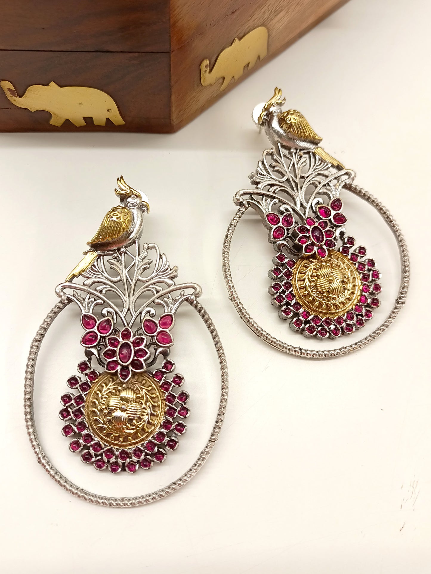 Hiranya Rose Pink Bird Oxidized Earrings