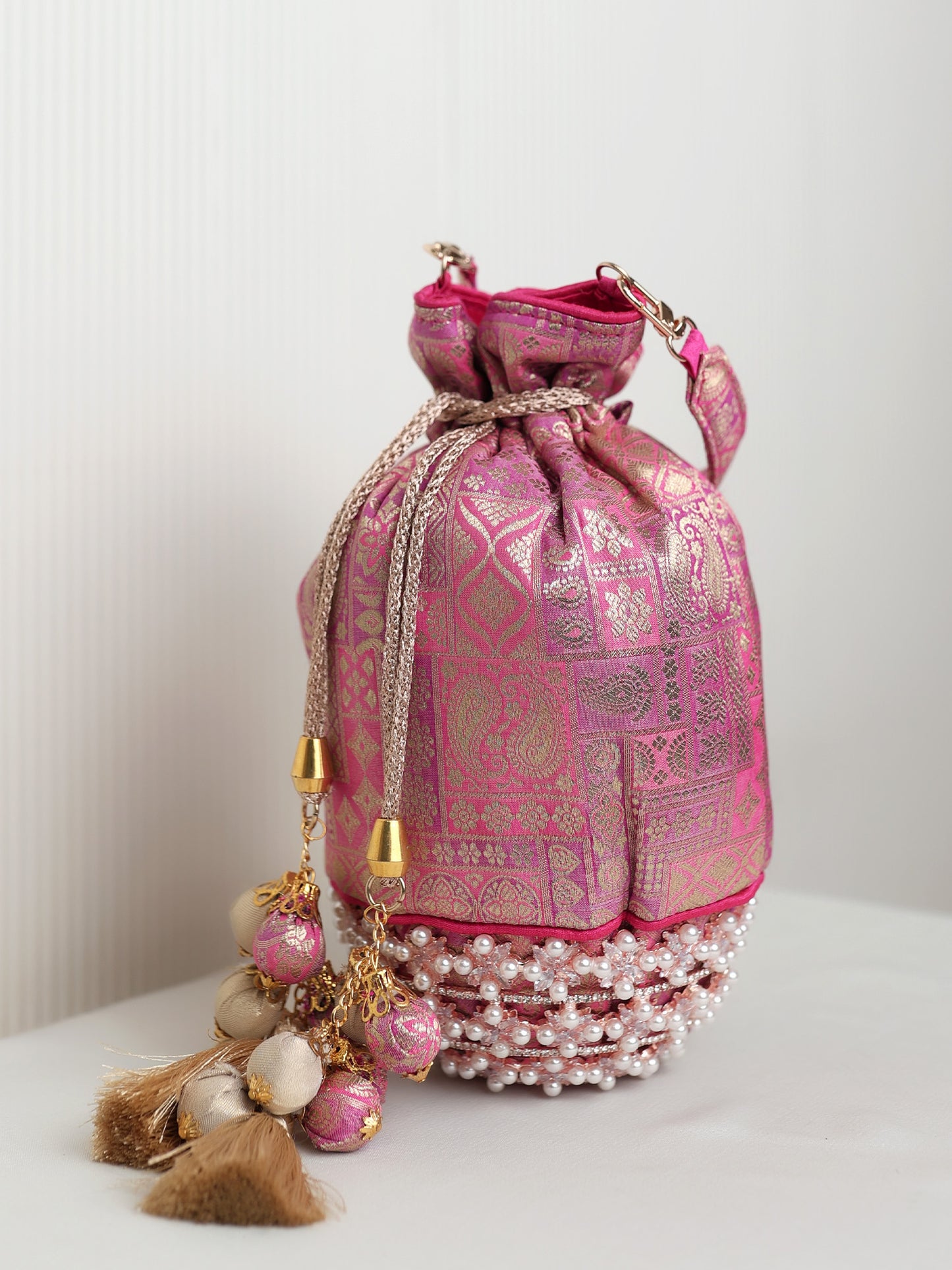Barsha Pink Banarasi Brocade Potli Bag with Bolls Base