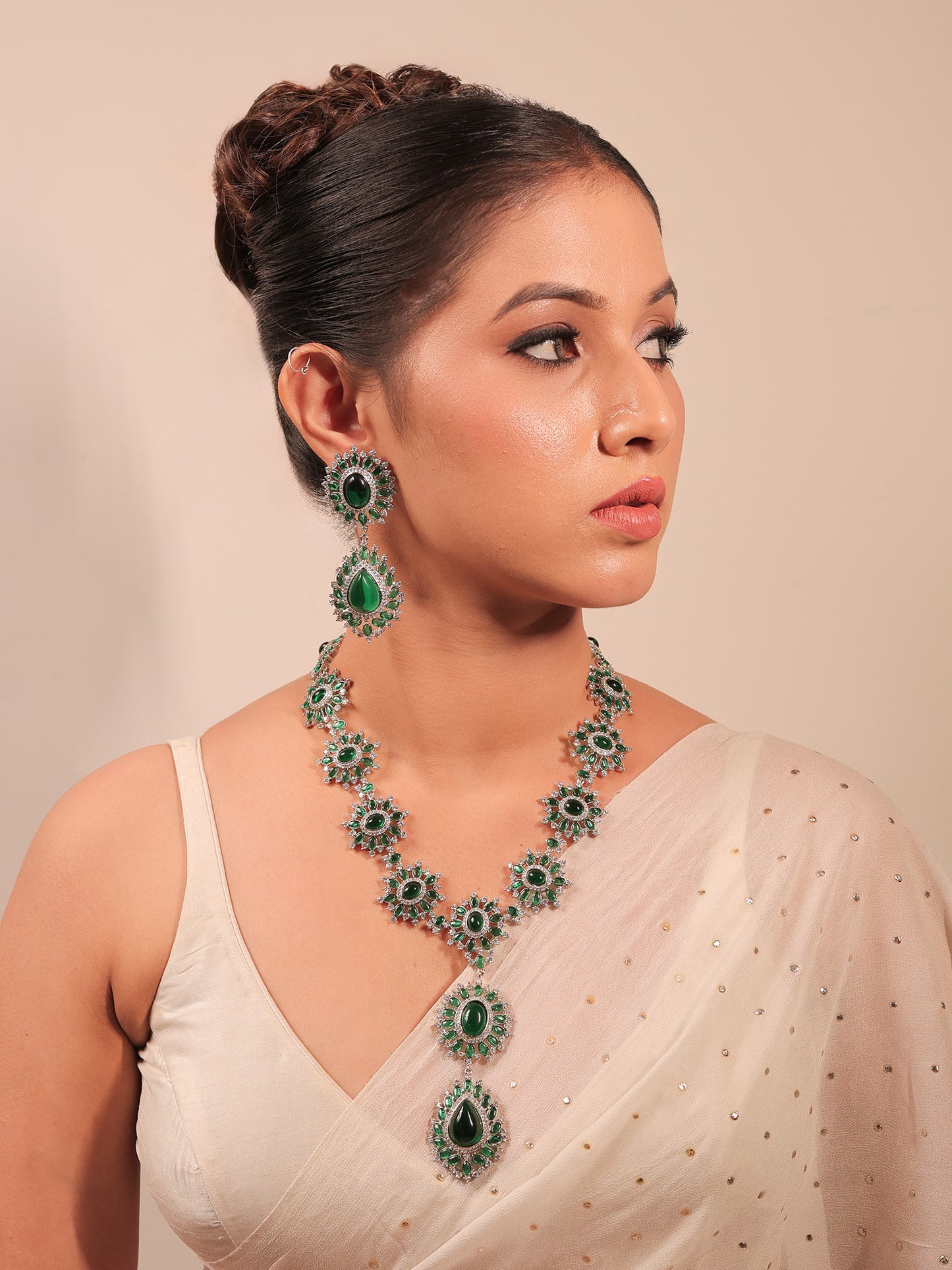 Aatifa Emerald American Diamond Necklace Set With Finger Ring
