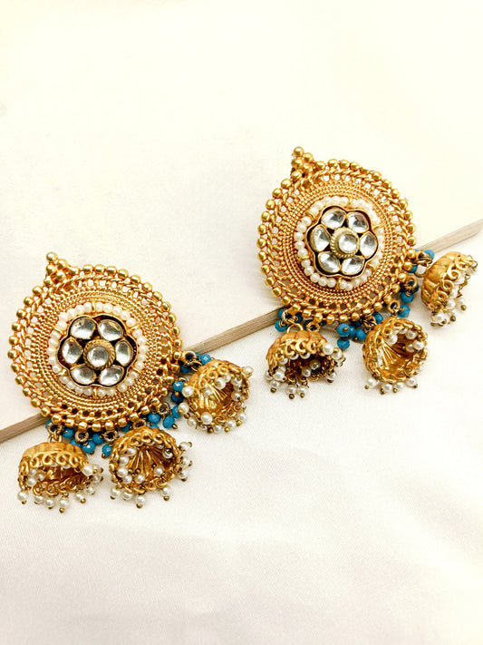 Kajal Sky Blue Stone Gold Plated Antique Jhumki