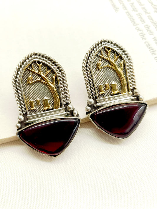 Imaya Maroon German Silver Oxidized Earrings