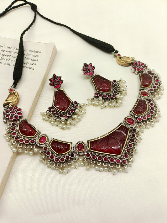 Varsha Maroon Oxidized Necklace Set