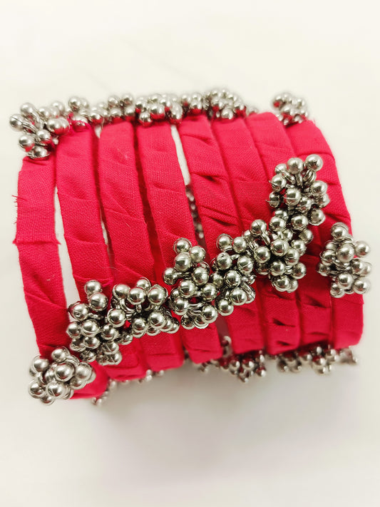 Sadiya Rani Pink Heavy Ghungroo Cloth Bangles | Designer Fabric Churi Set of 8 |