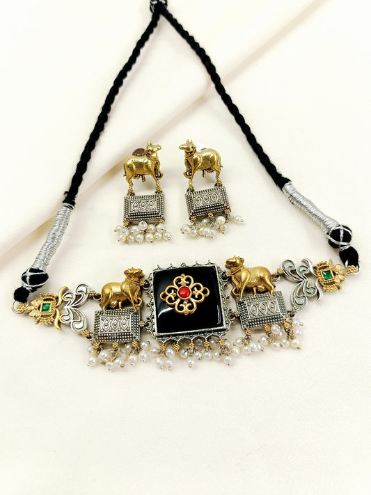Jharna Black Oxidized Pichwai Nandi Choker Set