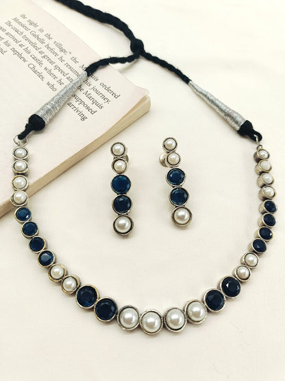 Amulaya Navy Blue Oxidized Necklace Set