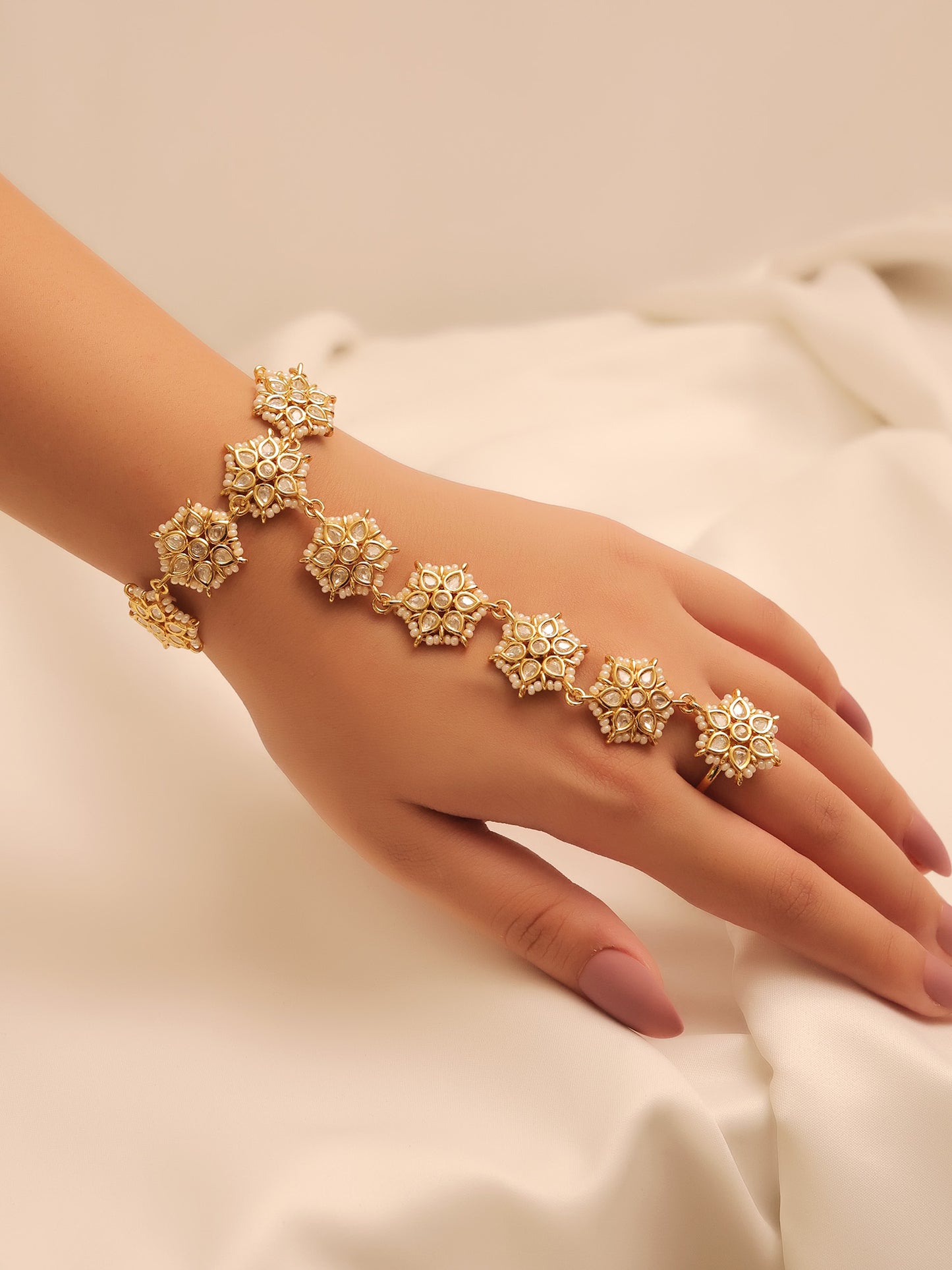 Alfaaz White Gold Plated Kundan Hathphool [Price Is For Single Piece]