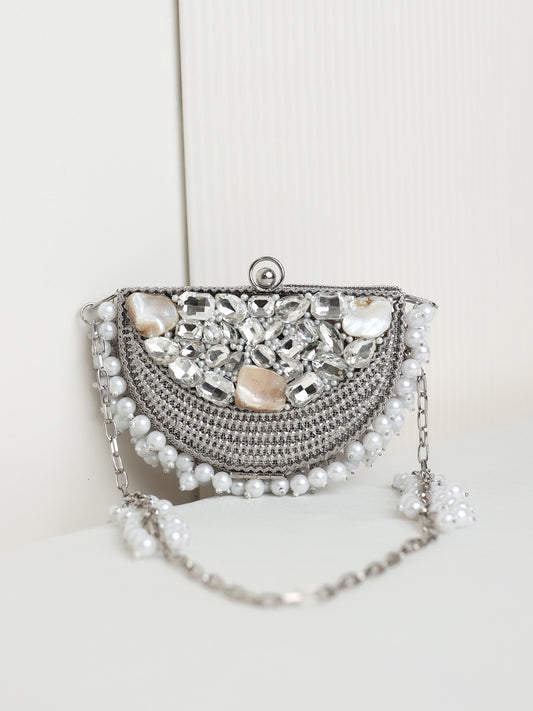 Kunjan Chaand Half Moon Silver Mini Metal Clutch