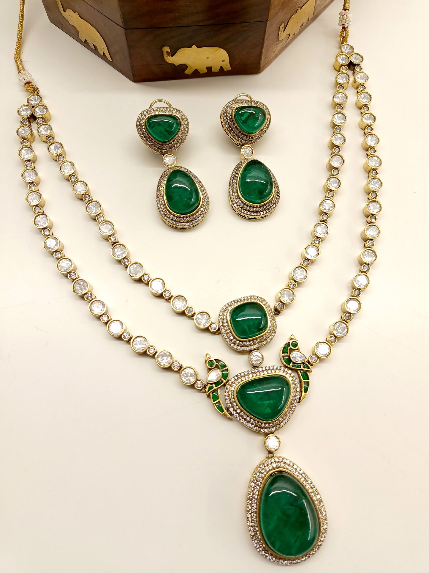 Aalia Green Double Layer Kundan Polki Necklace Set