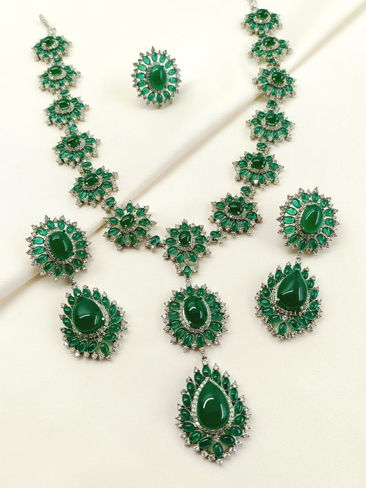 Aatifa Emerald American Diamond Necklace Set With Finger Ring