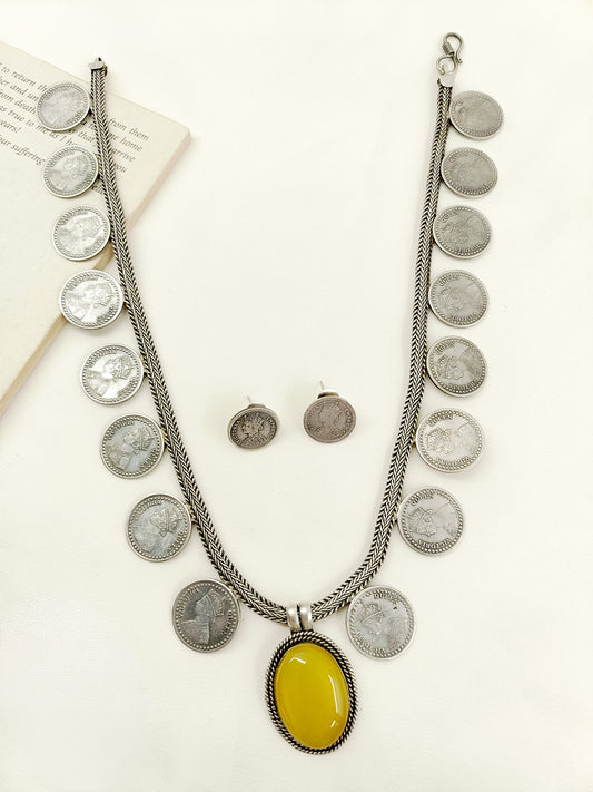 Amina Yellow German Silver Oxidized Necklace Set