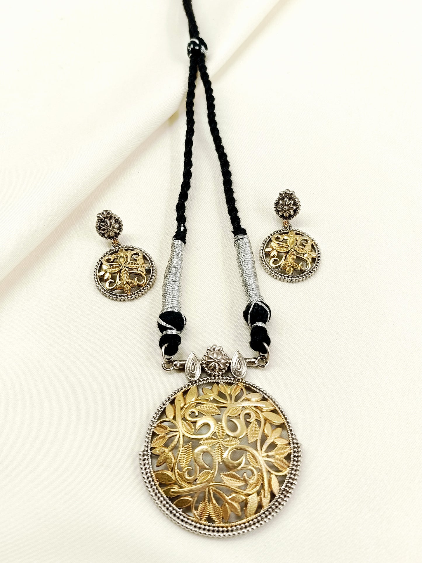 Vasundhara Dual-Tone Oxidized Pendant Set