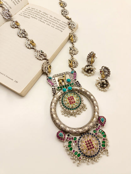 Neelam Multi Colour Long Oxidised Pendant Set