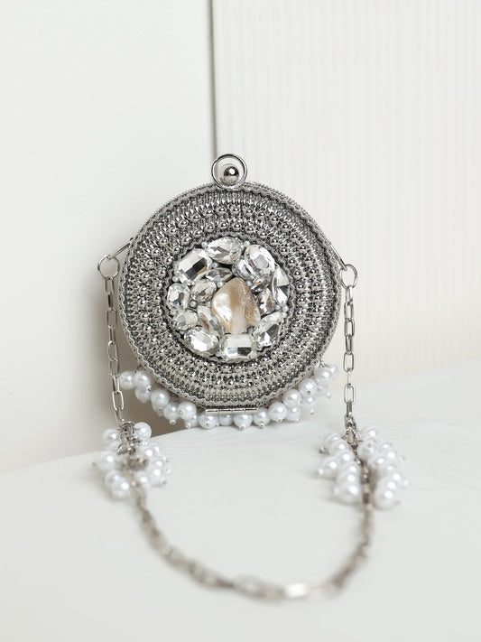 Imaya Round Silver Mini Metal Clutch