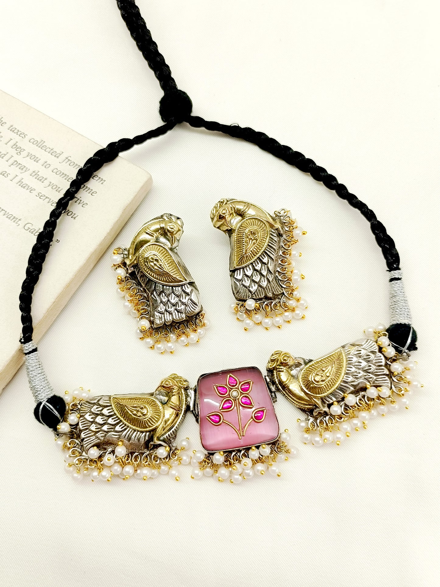 Sapthala Pink Peacock Oxidized Choker Set