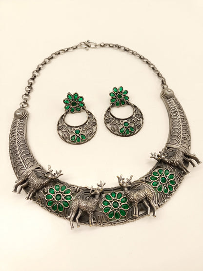 Lovemallow Green Deer Oxidized Necklace Set