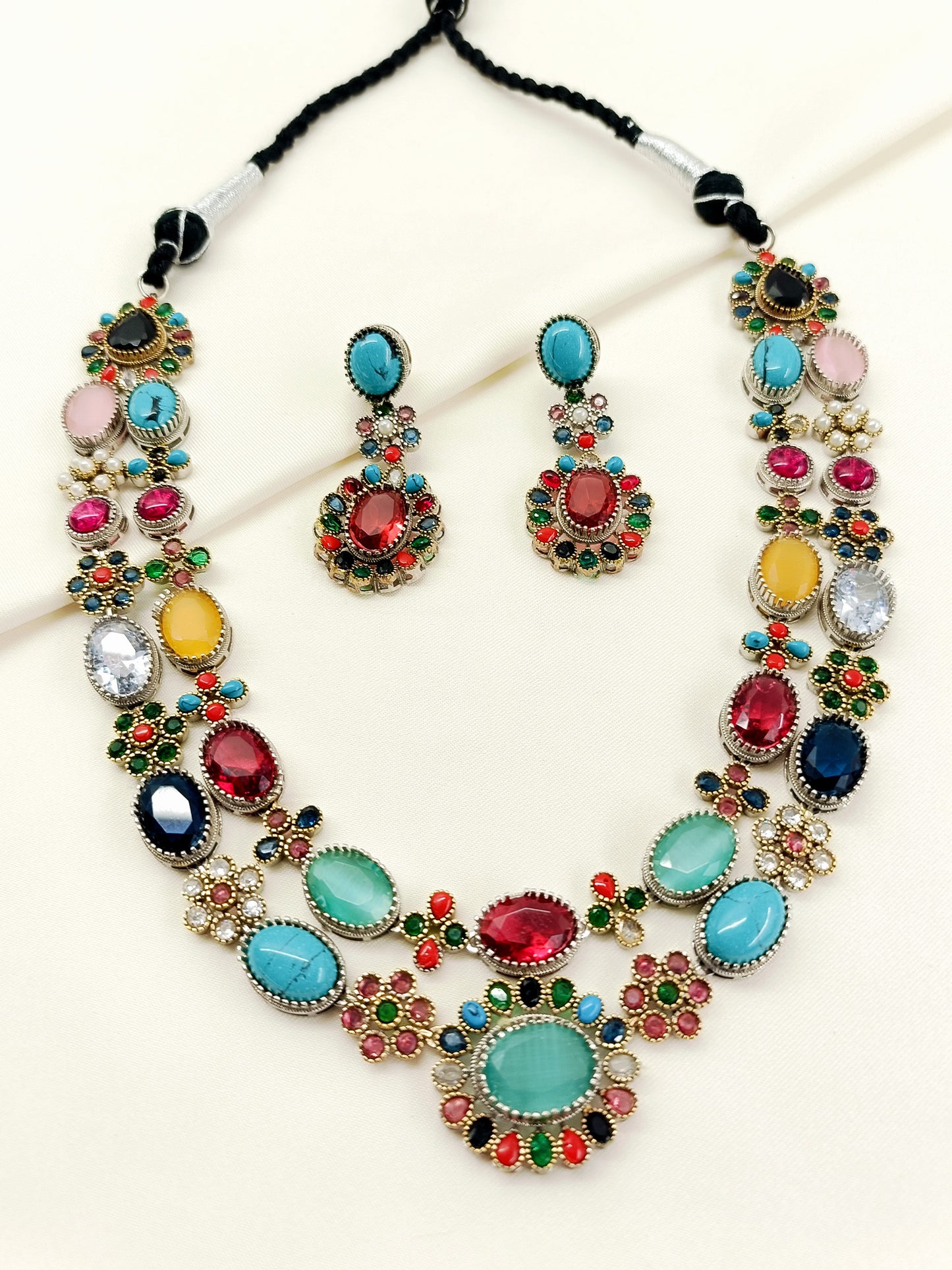 Arya Multi-Color Oxidized Navratna Necklace Set
