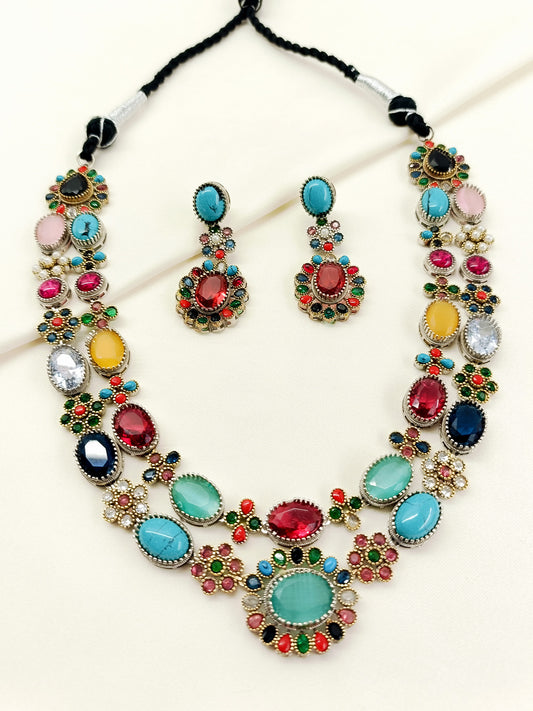 Arya Multi-Color Oxidized Navratna Necklace Set