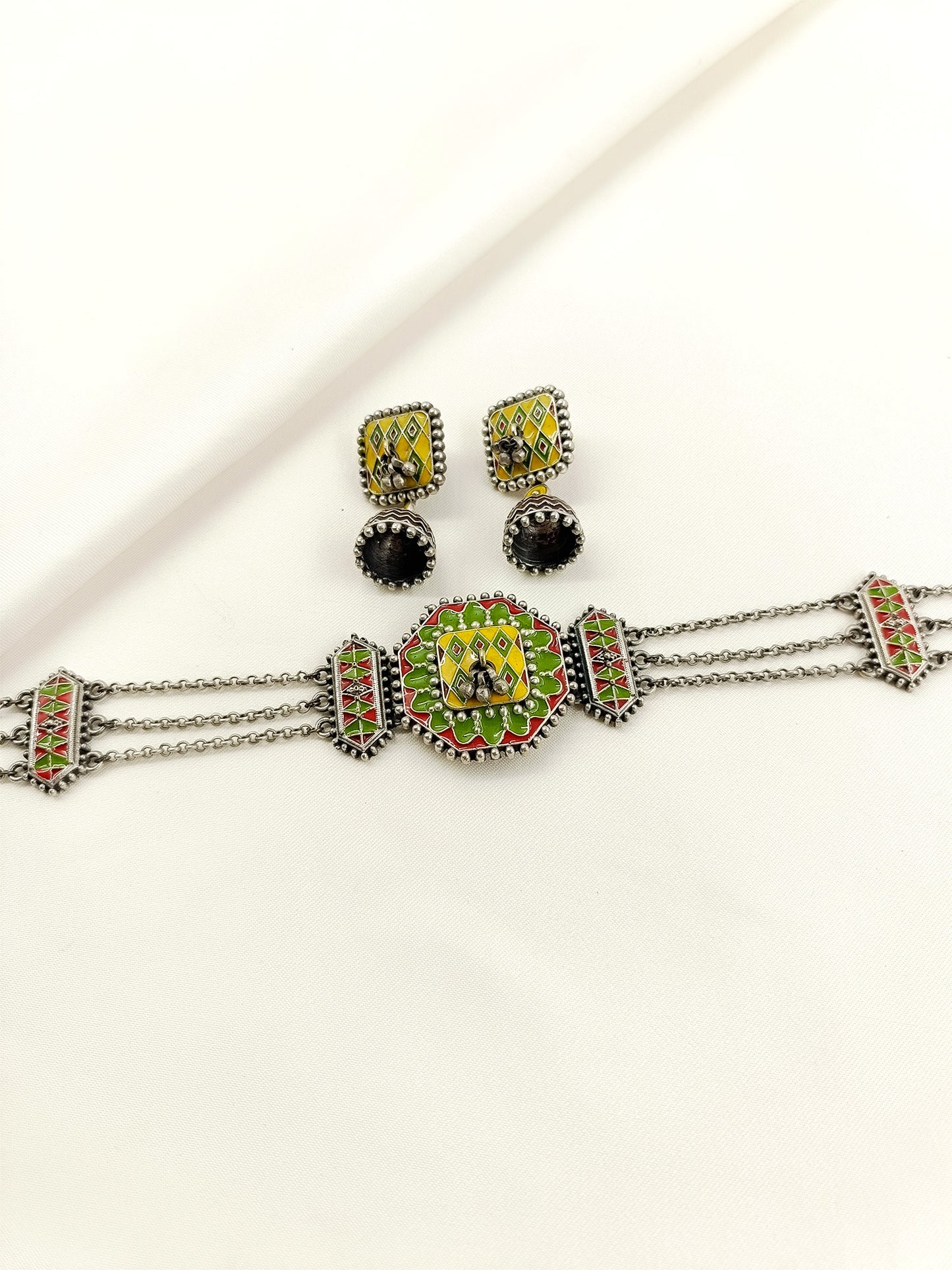 Bailee Multi Colour Oxidized Choker Set With Hathphool