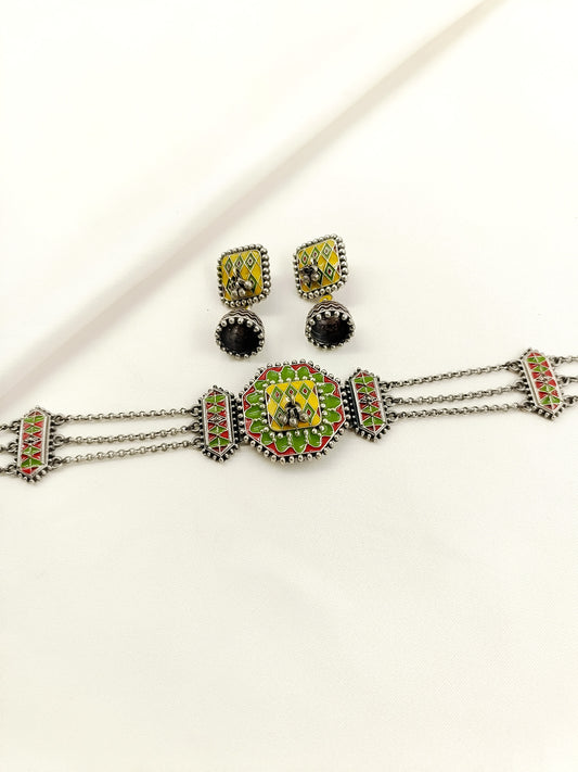 Bailee Multi Colour Oxidized Choker Set With Hathphool