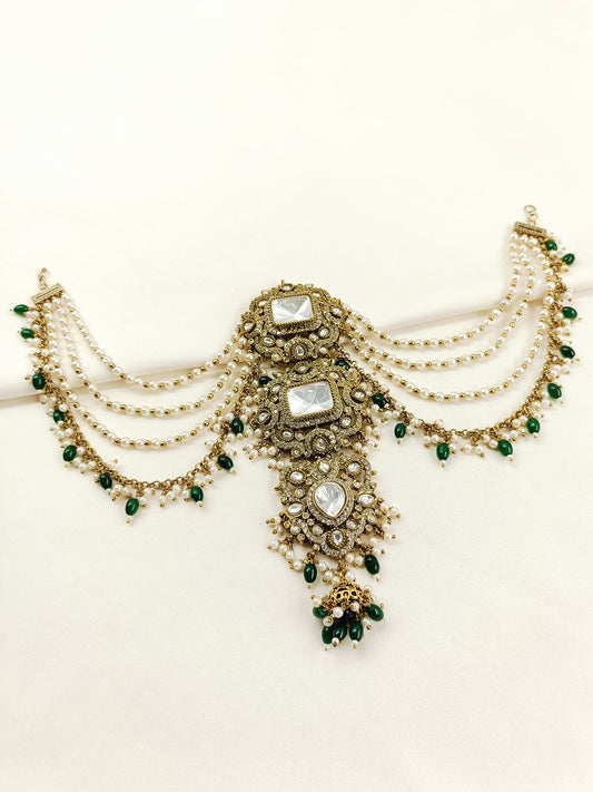 Devika Green Triple Kundan Choti Hair Brooch
