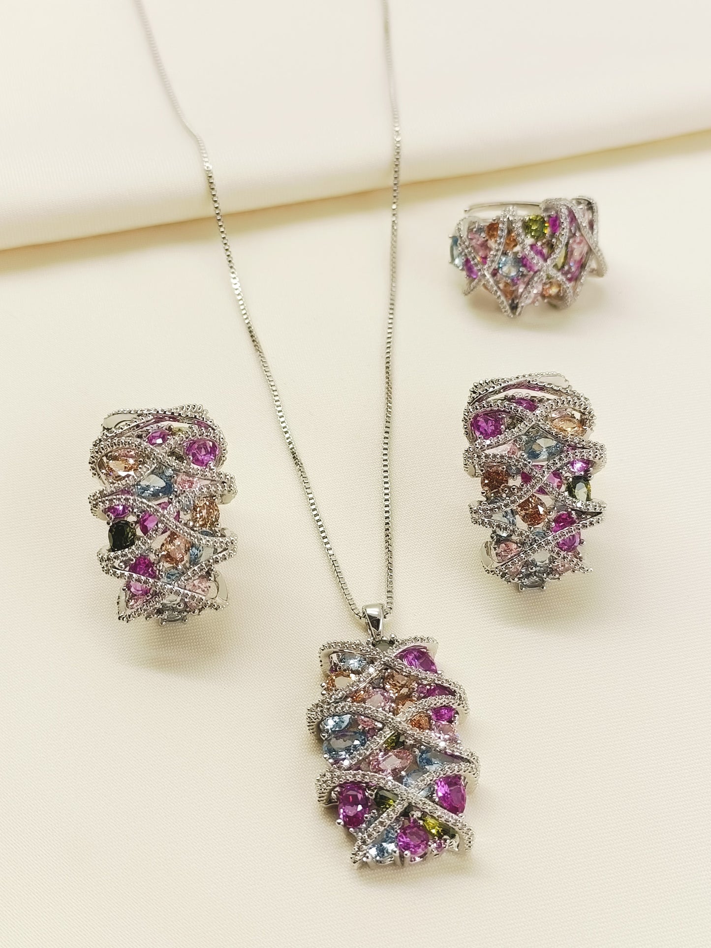 Raza Multi Colour American Diamond Pendant set With Finger Ring