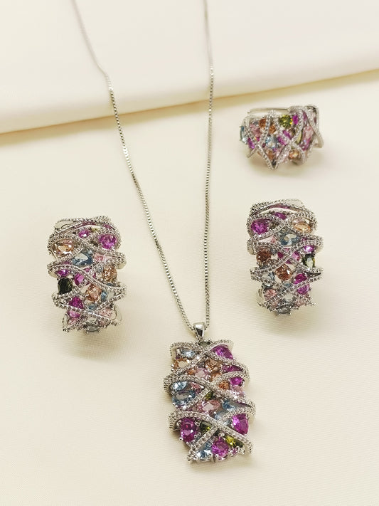 Raza Multi Colour American Diamond Pendant set With Finger Ring