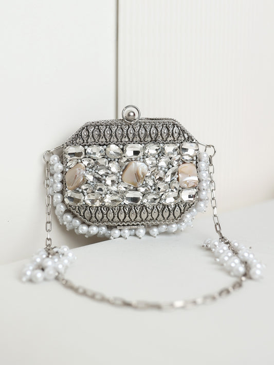 Pavani Octagon Silver Mini Metal Clutch