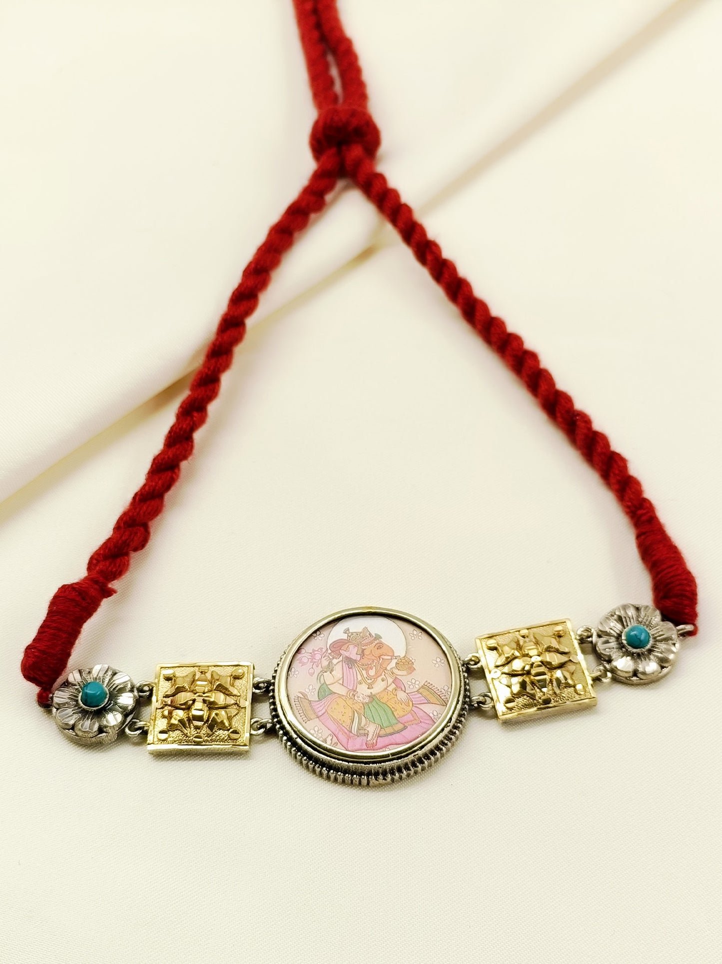 Viren Siddhi Ganesh - Red Dori Miniature Art Men's Neckpiece