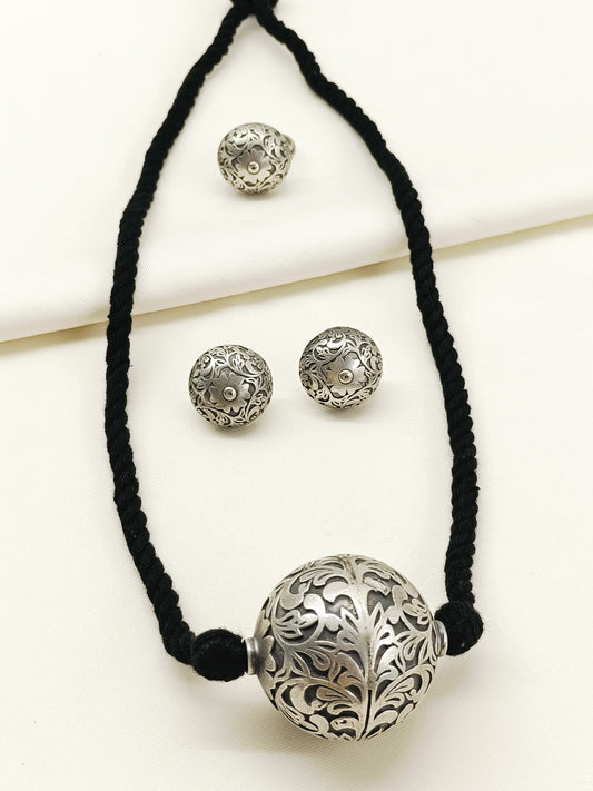 Xavilra Black Oxidized Pendant Set With Ring