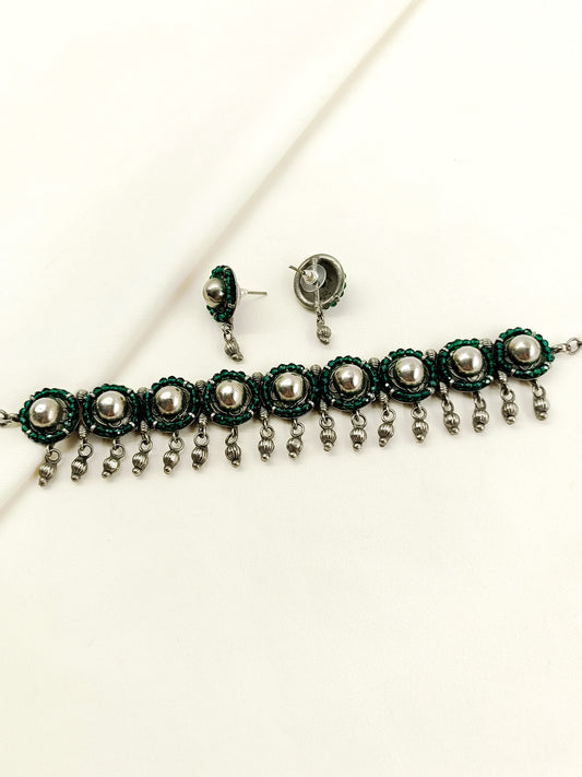 Huma Green Oxidized Choker Set