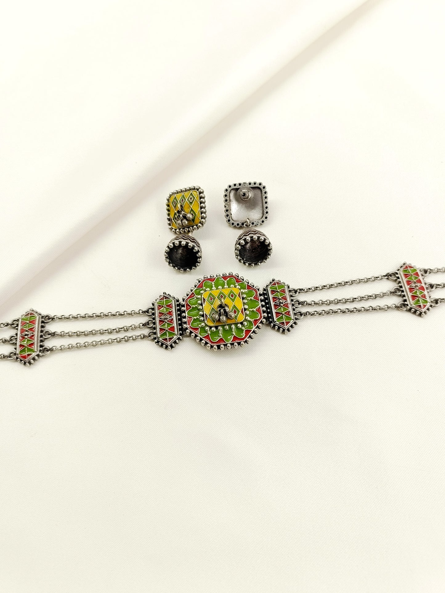 Bailee Multi Colour Oxidized Choker Set With Hathphool