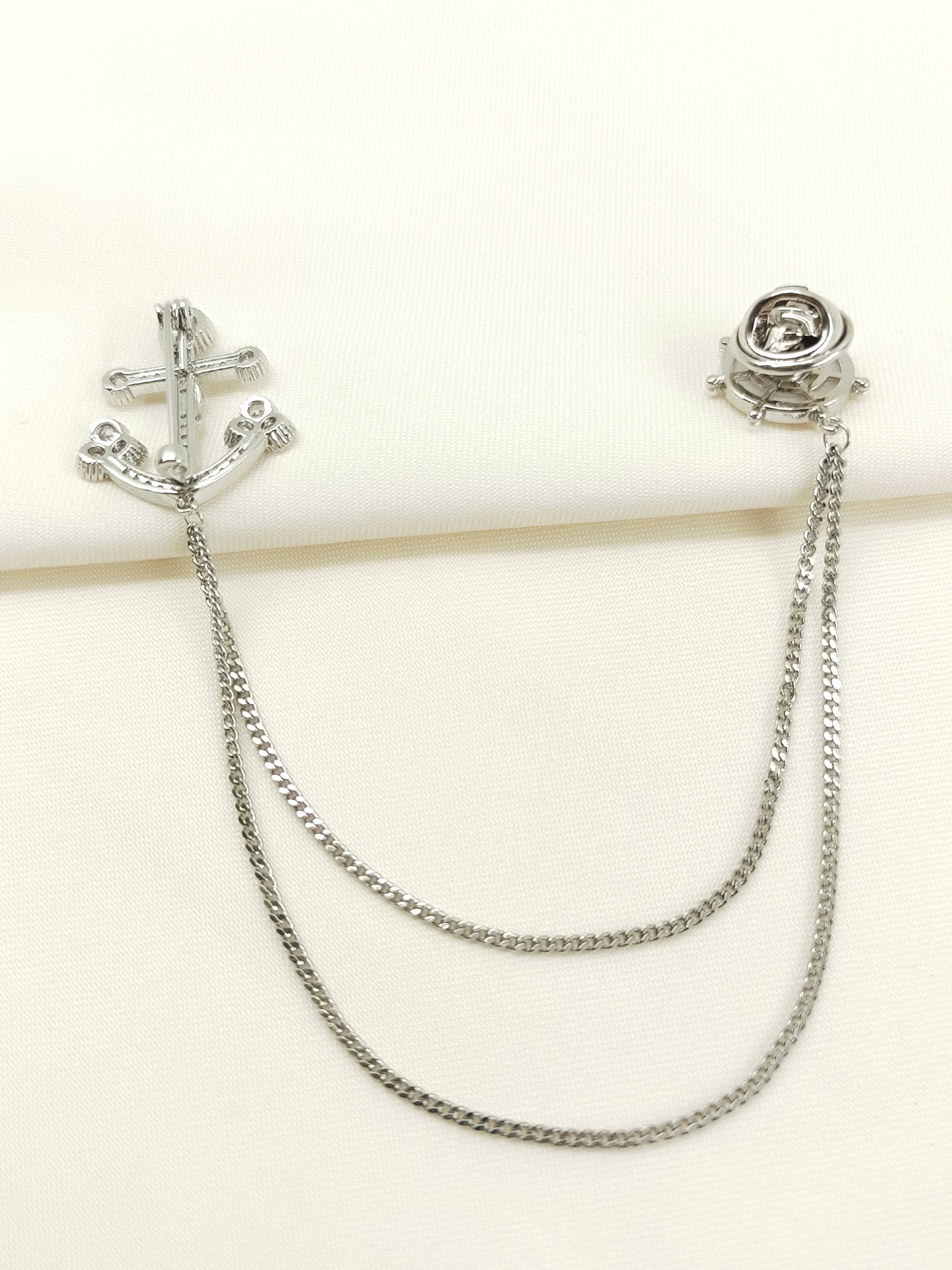 Avanya Silver Anchor & Wheel Brooch Pin With Chain