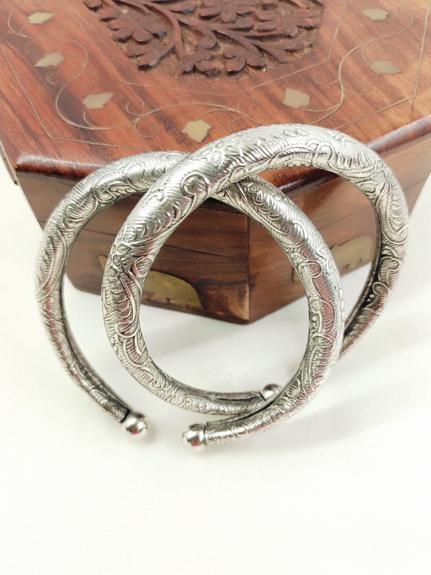 Rishabh Oxidized Silver Carved Kada Pair for Men
