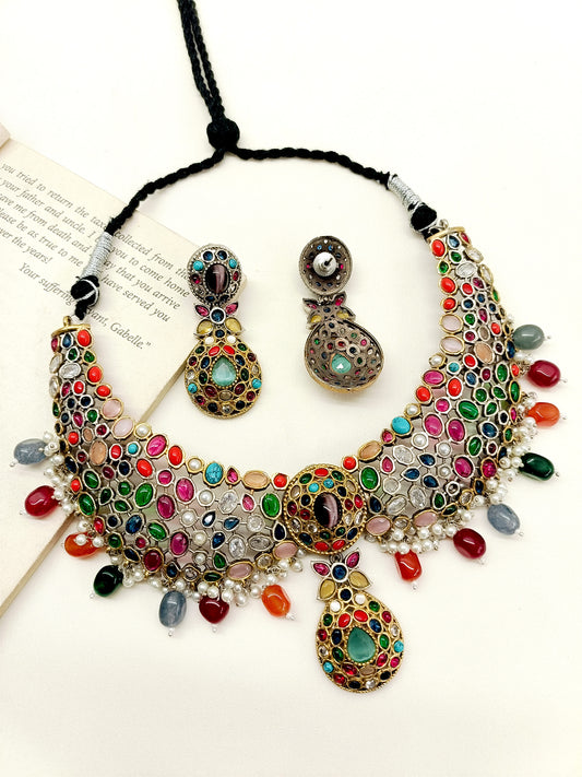 Rehanshi Multi Colour Oxidized Necklace Set