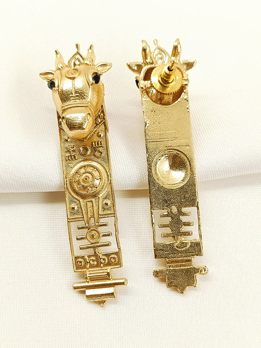 Kuhu Golden Bull Head Long Tribal Bar Boutique Earrings