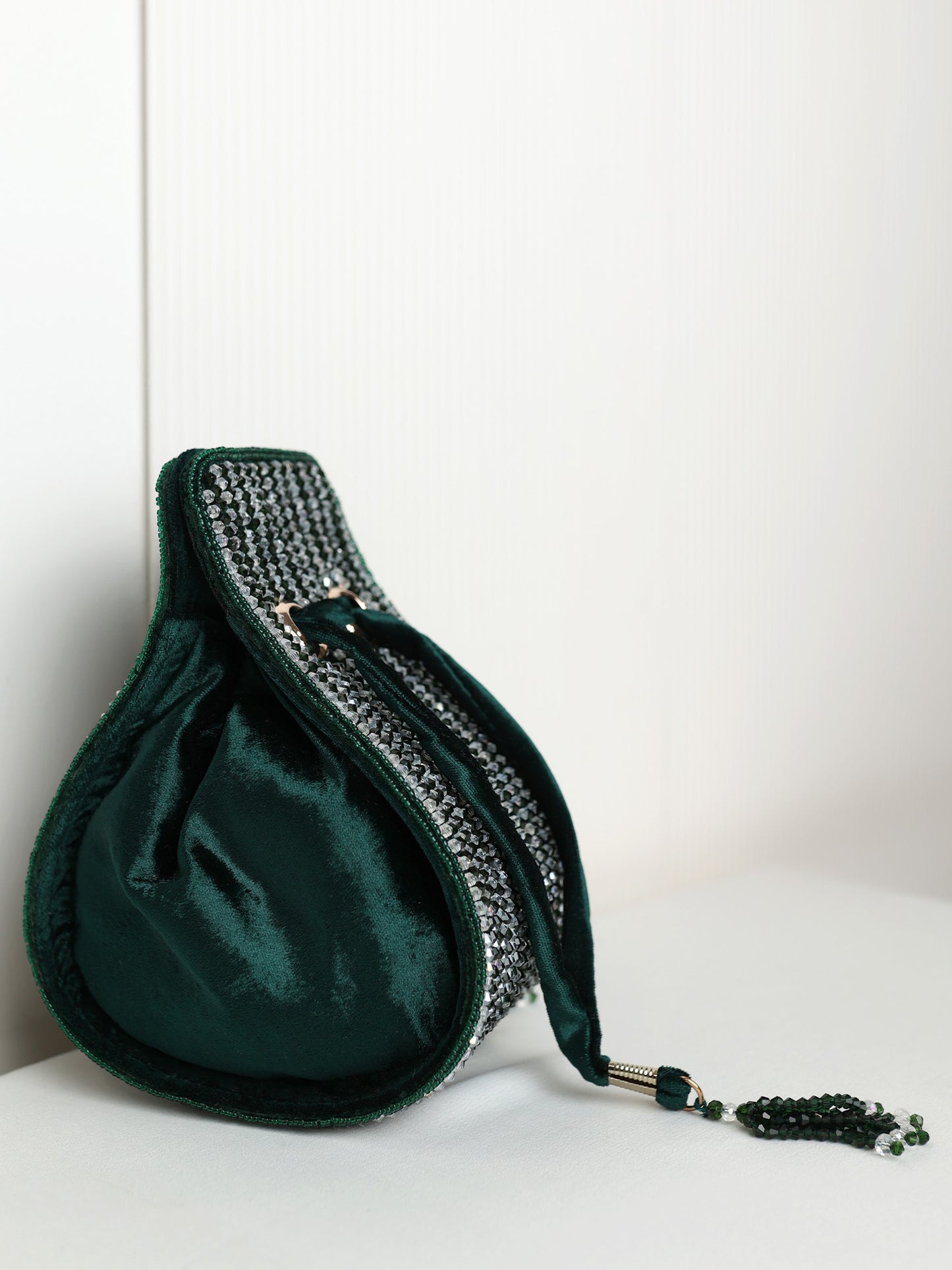 Mihira Emerald Green Silver Beaded  Potli Bag
