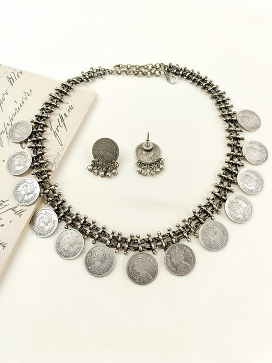 Fizra Plain Oxidized Coin Choker Set