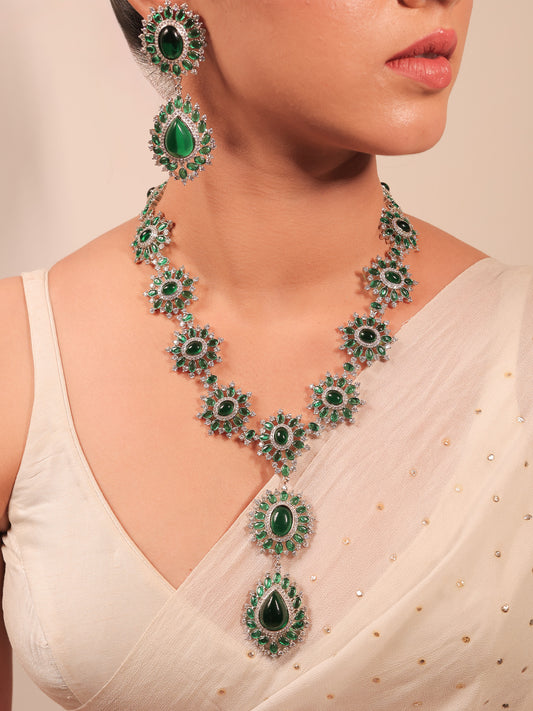 Aatifa Emerald American Diamond Necklace Set With Finger Ring