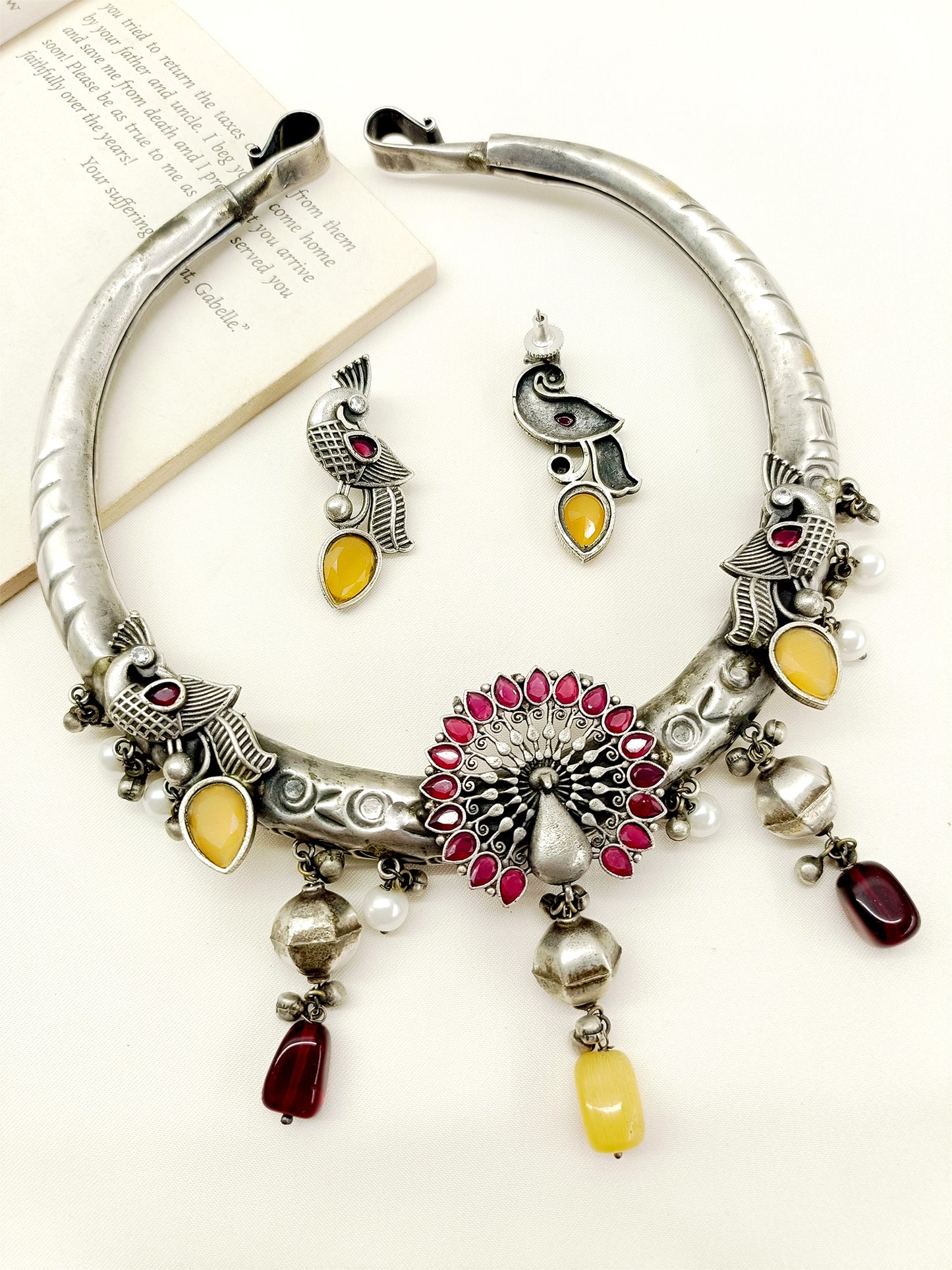 Aamiha Yellow German Silver Oxidized Hasli Set