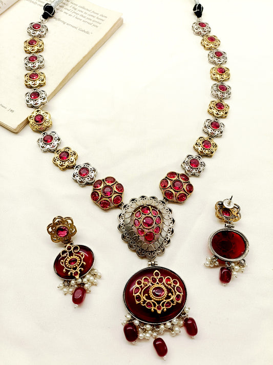 Tajaswini Maroon Long Oxidized Necklace Set