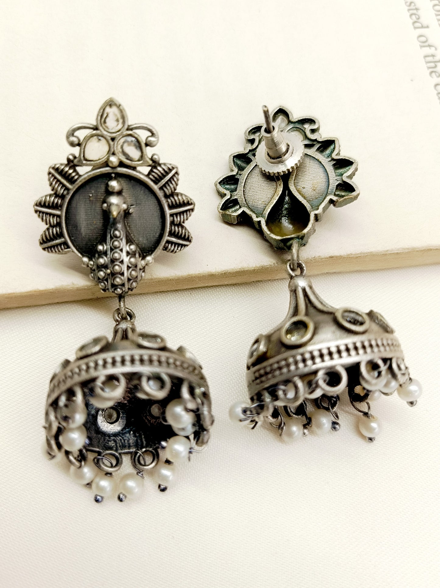 Tulsi White Peacock Oxidized Jhumki