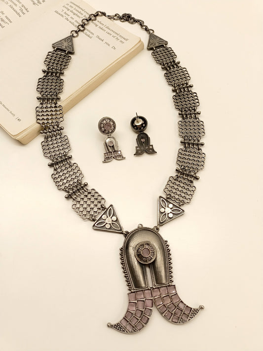 Adhira Baby Pink Long Oxidized Necklace Set