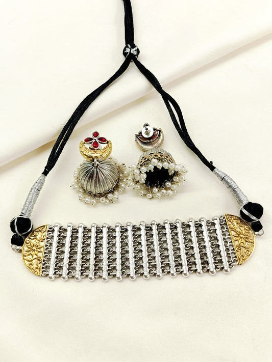 Ziya Two Tone Oxidized Choker Set