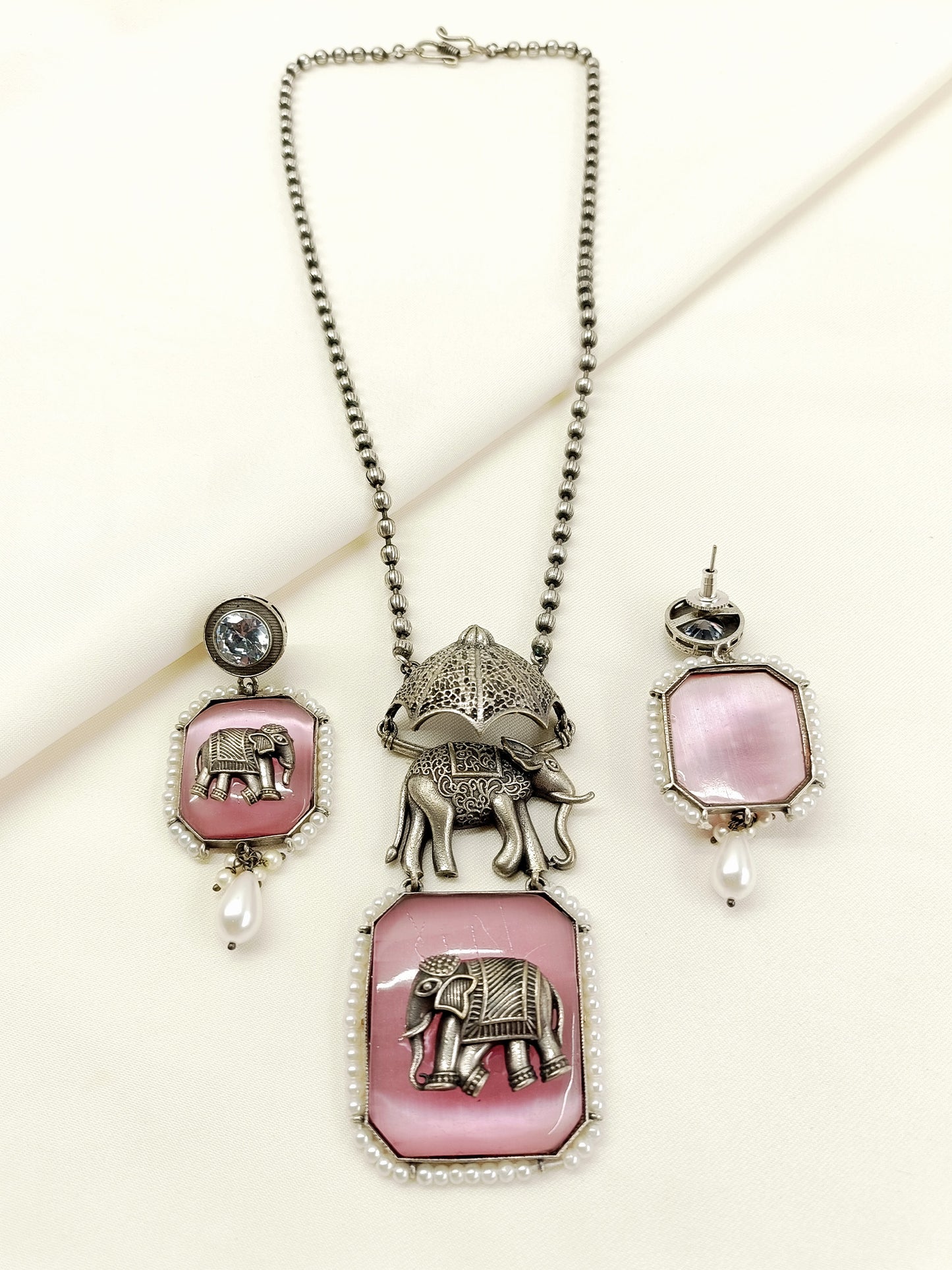 Pallavi Pink Oxidized Elephant Pendant Set
