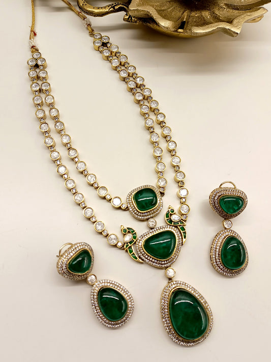 Aalia Green Double Layer Kundan Polki Necklace Set