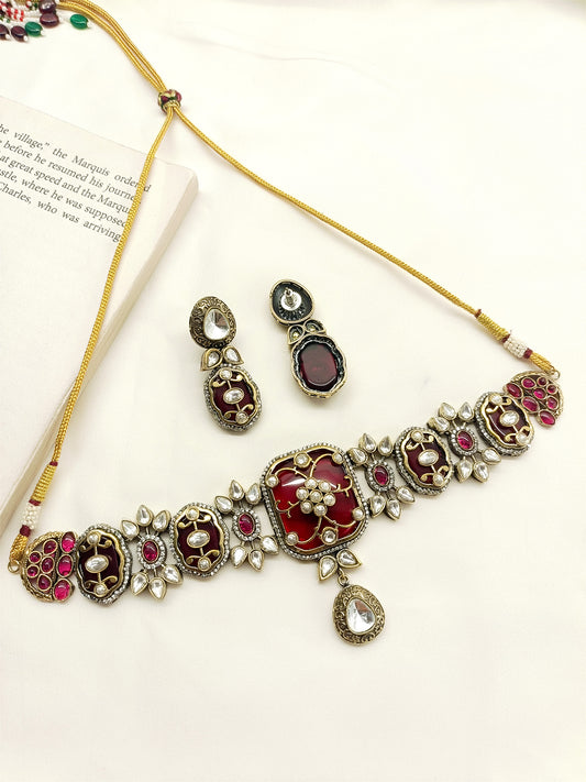 Triambika Maroon Victorian Choker Set