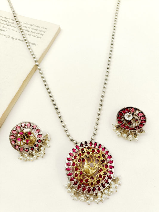 Ruhina Maroon Oxidized Pendant Set